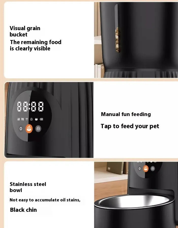 Black and white intelligent pet feeder with automatic timing and quantitative remote feeding control