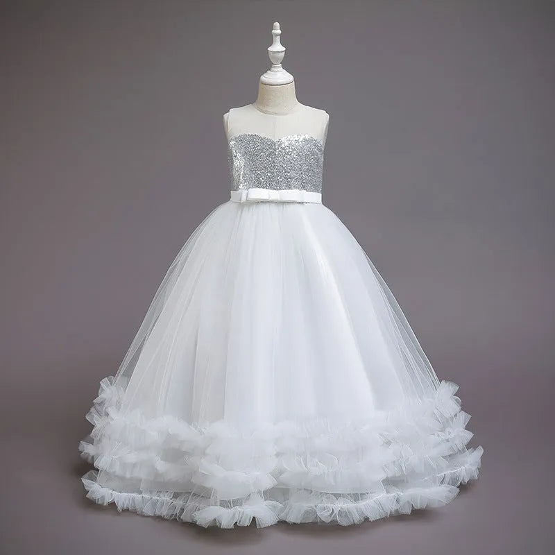 Children's sequined embroidered mesh princess tutu dress in colours including champagne, green, pink, purple, red, white – sizes 120-160cm