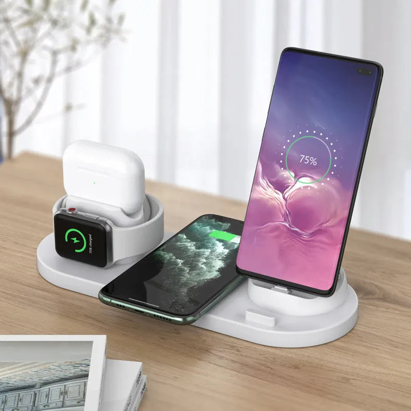 Black 6-in-1 wireless charging station organising a phone, Apple Watch and AirPods on a desk