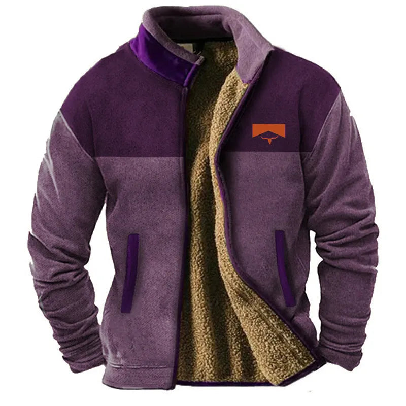 Men's blue polyester padded fleece-lined coat on a hanger, regular fit