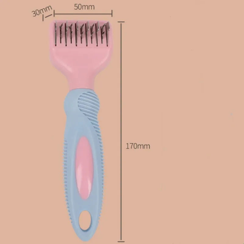 Pink stainless steel pet grooming comb with knot knife edge and four rows of massage pins