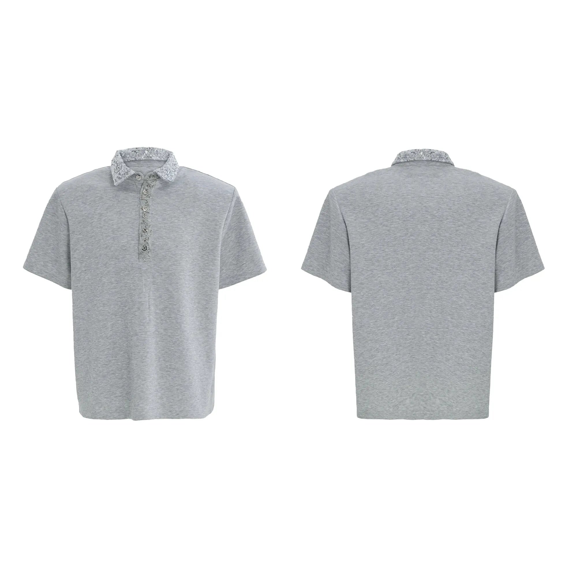 Men's black loose-fit polo t-shirt with square collar, pin, and heavy embroidery sequin detail on the chest.