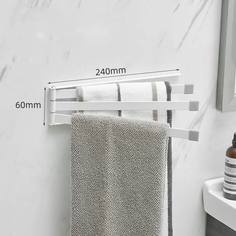 Black folding towel bar with adhesive installation for a no-drill bathroom fit.