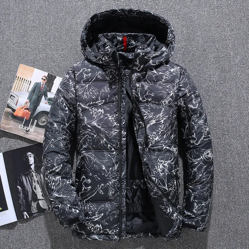 Men's thickened down jacket in black, white duck down filling, loose fit, lapel collar, zipper front