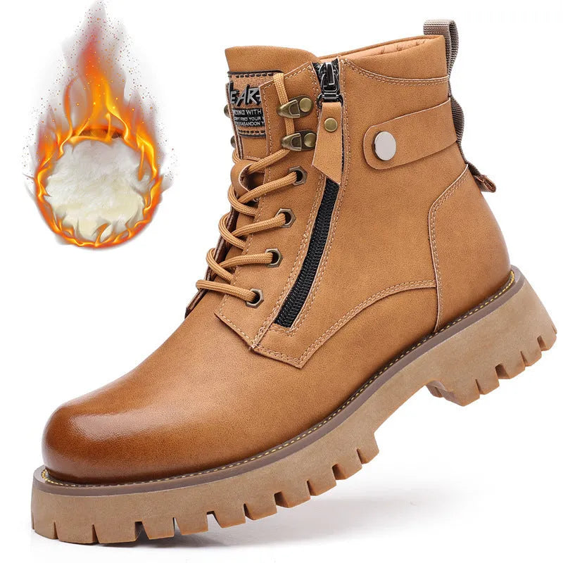 Men's brown leather high-top boots with velvet trim and side zipper closure