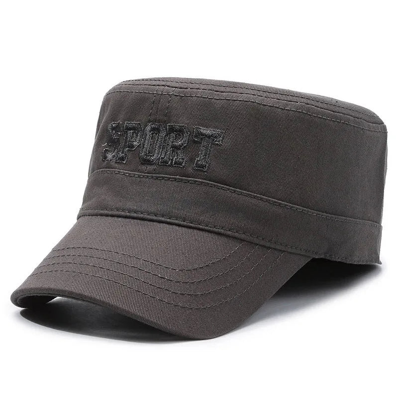 Men's flat-top peaked cotton cap in army green colour with an adjustable strap.