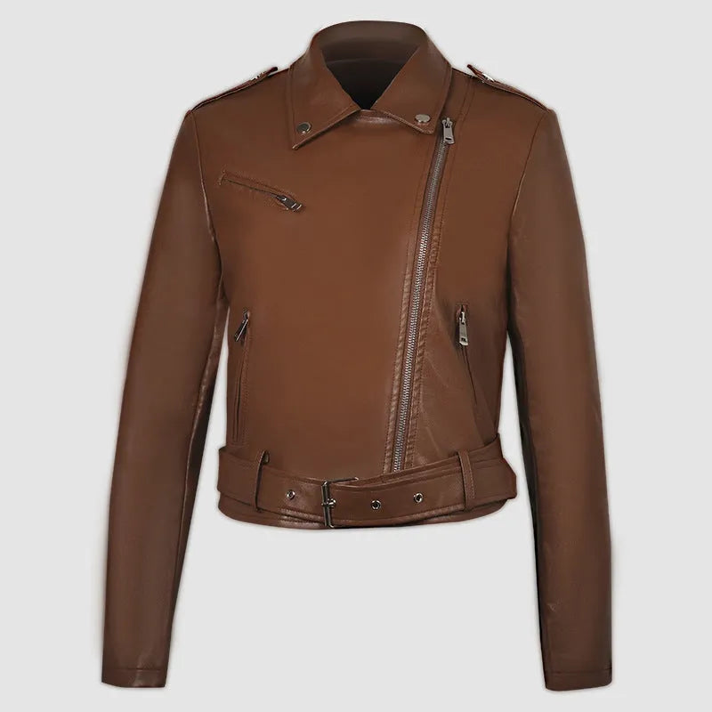 Women's black PU leather motorcycle jacket with a lapel collar and an adjustable short belt.
