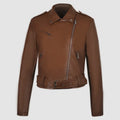 Women's black PU leather motorcycle jacket with a lapel collar and an adjustable short belt.