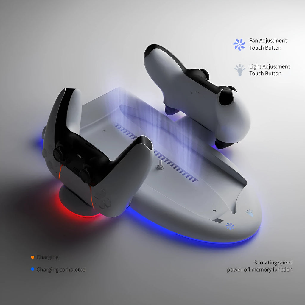 White PS5 Slim cooling pad with RGB lights and charging belt