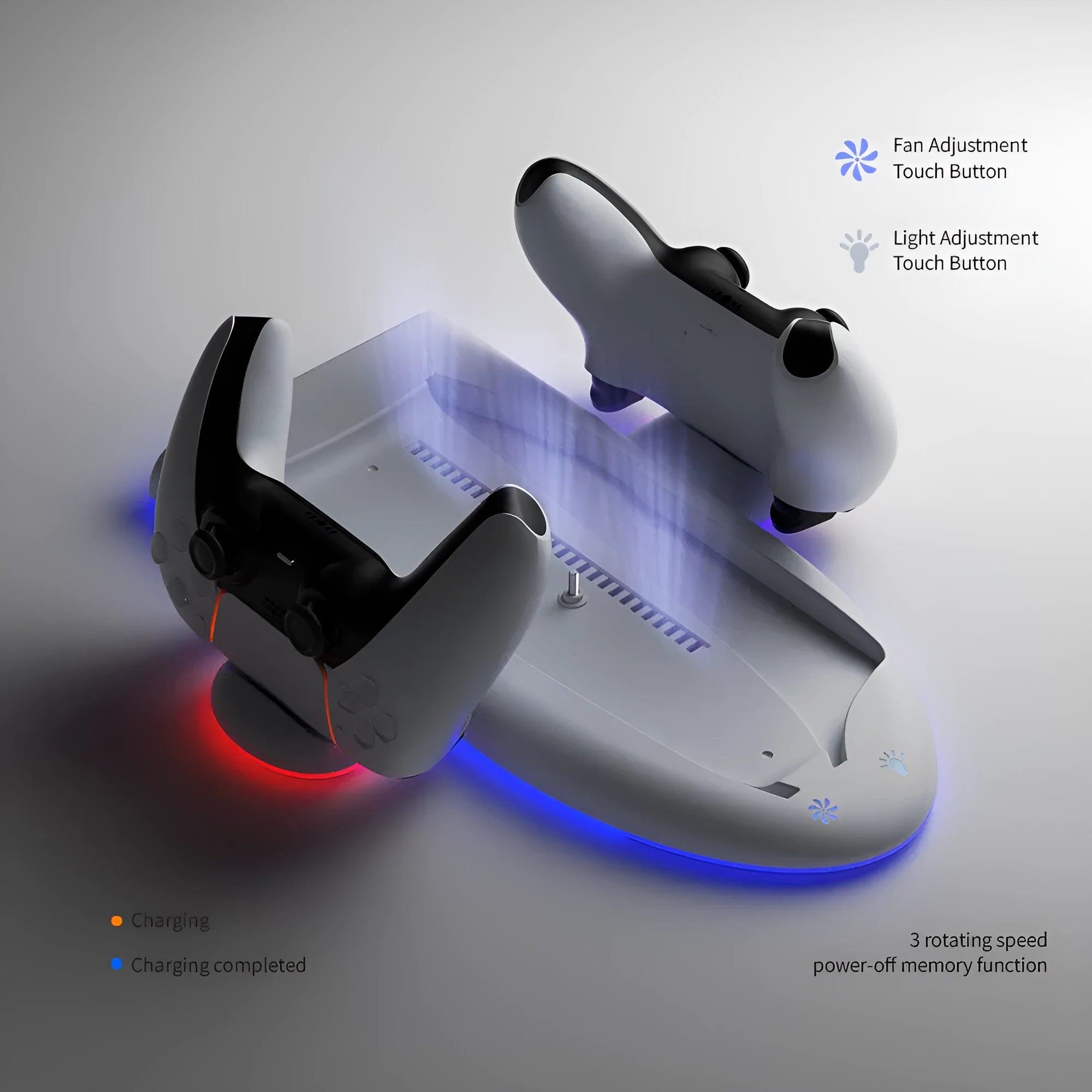 White PS5 Slim cooling pad with RGB lights and charging belt