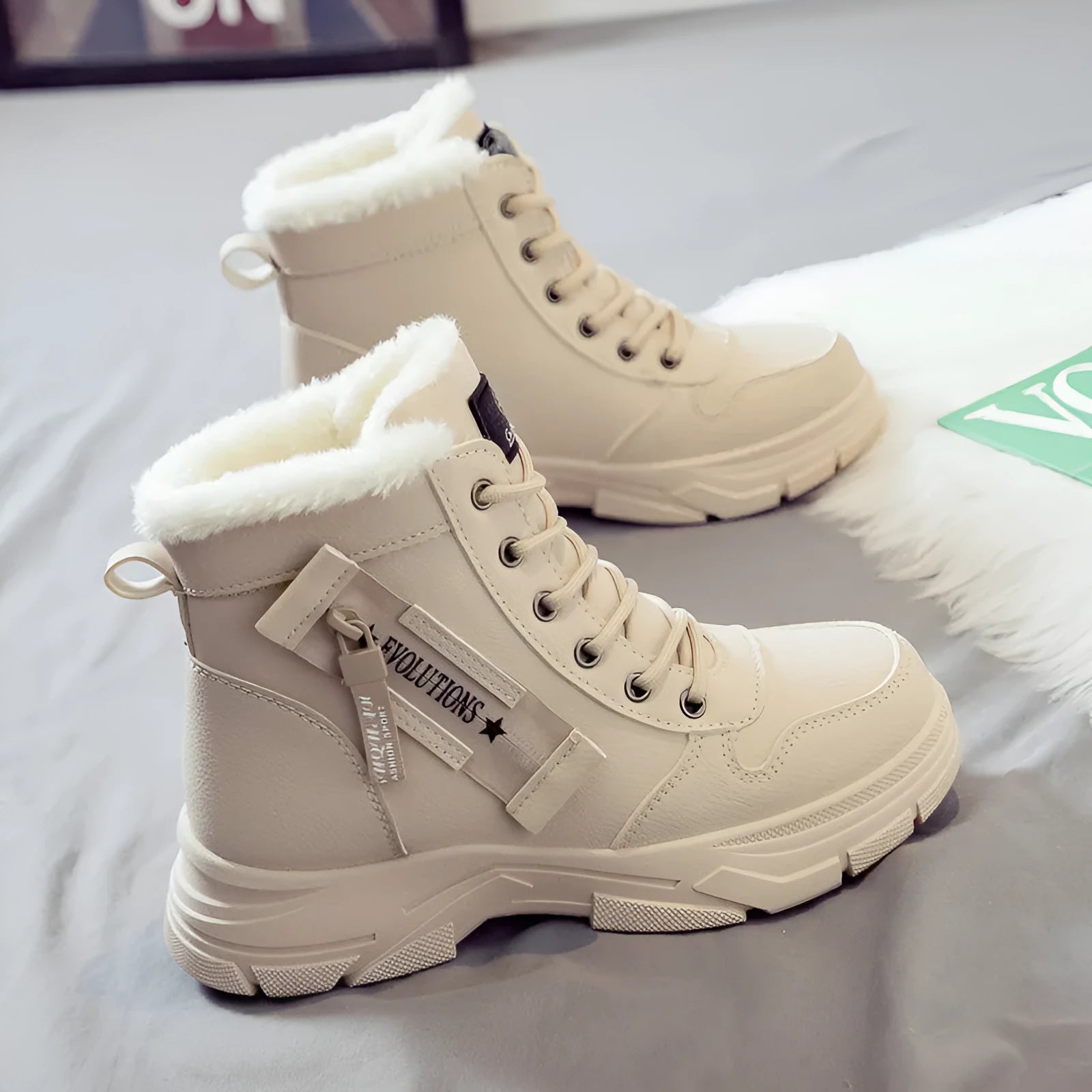 Women's plus size tall crown fleece-lined snow boots with lace-up front and round toe