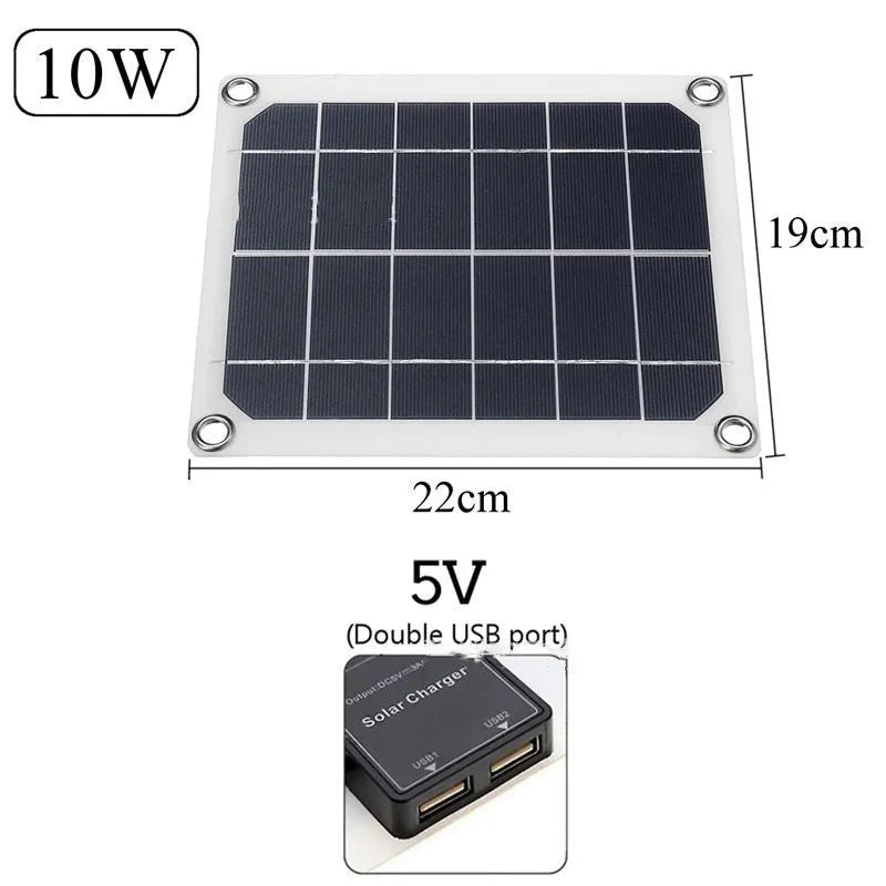 Portable solar panel with dual USB ports for outdoor device charging.
