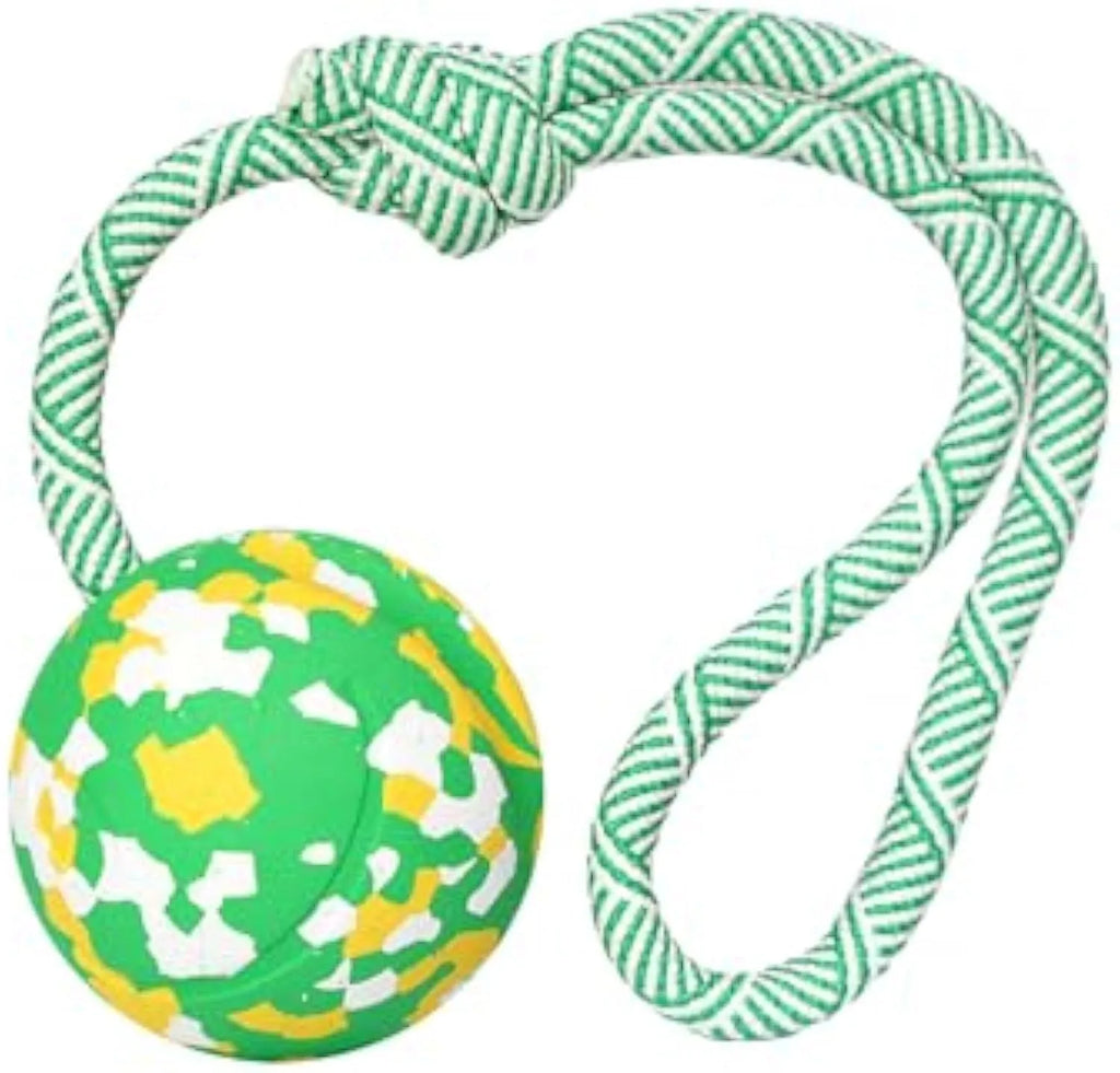 Natural rubber dog ball attached to a blue nylon rope for fetch and tug games.
