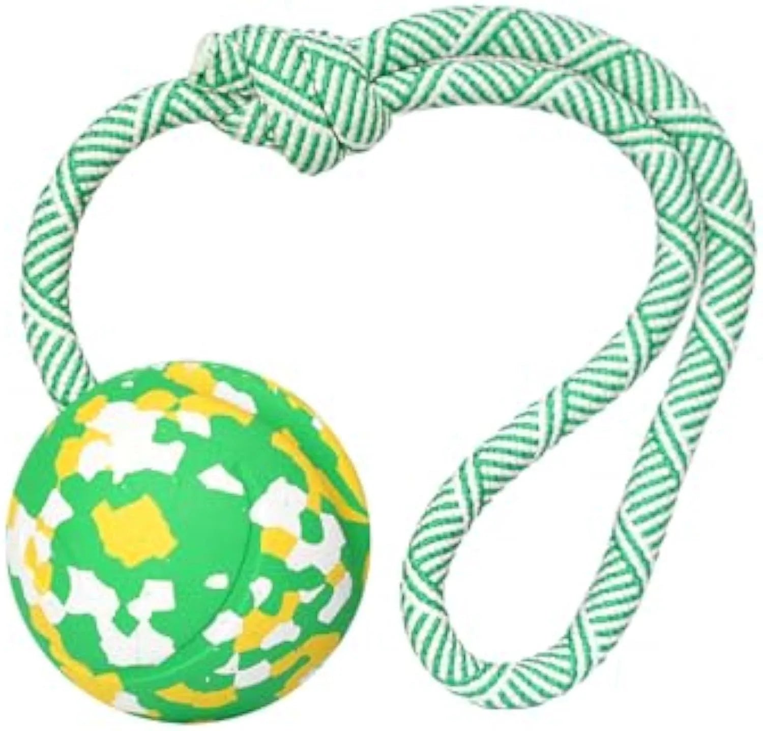 Natural rubber dog ball attached to a blue nylon rope for fetch and tug games.