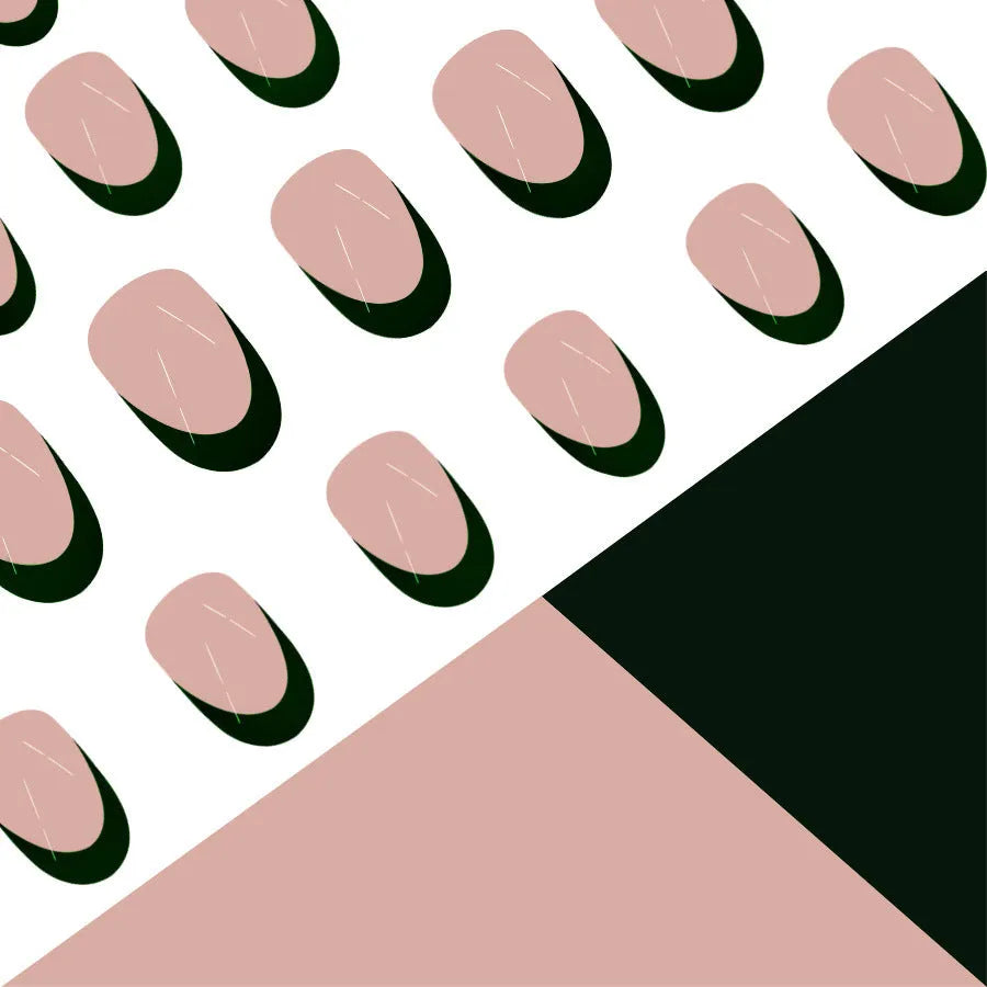 Set of 24 simple black French style false nails with a short almond shape on a clean background.