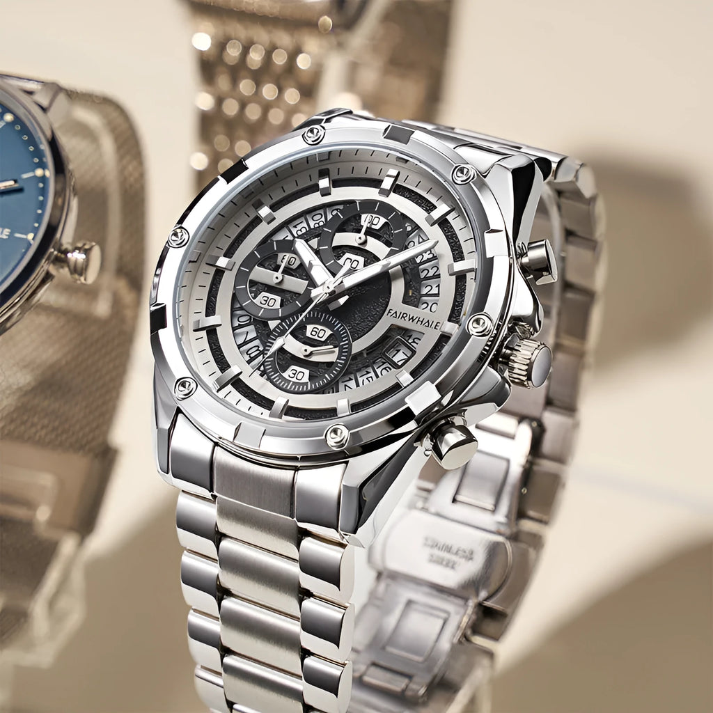 Men's waterproof luminous quartz watch with steel belt in black and blue, black and gold, or silver and white colour options
