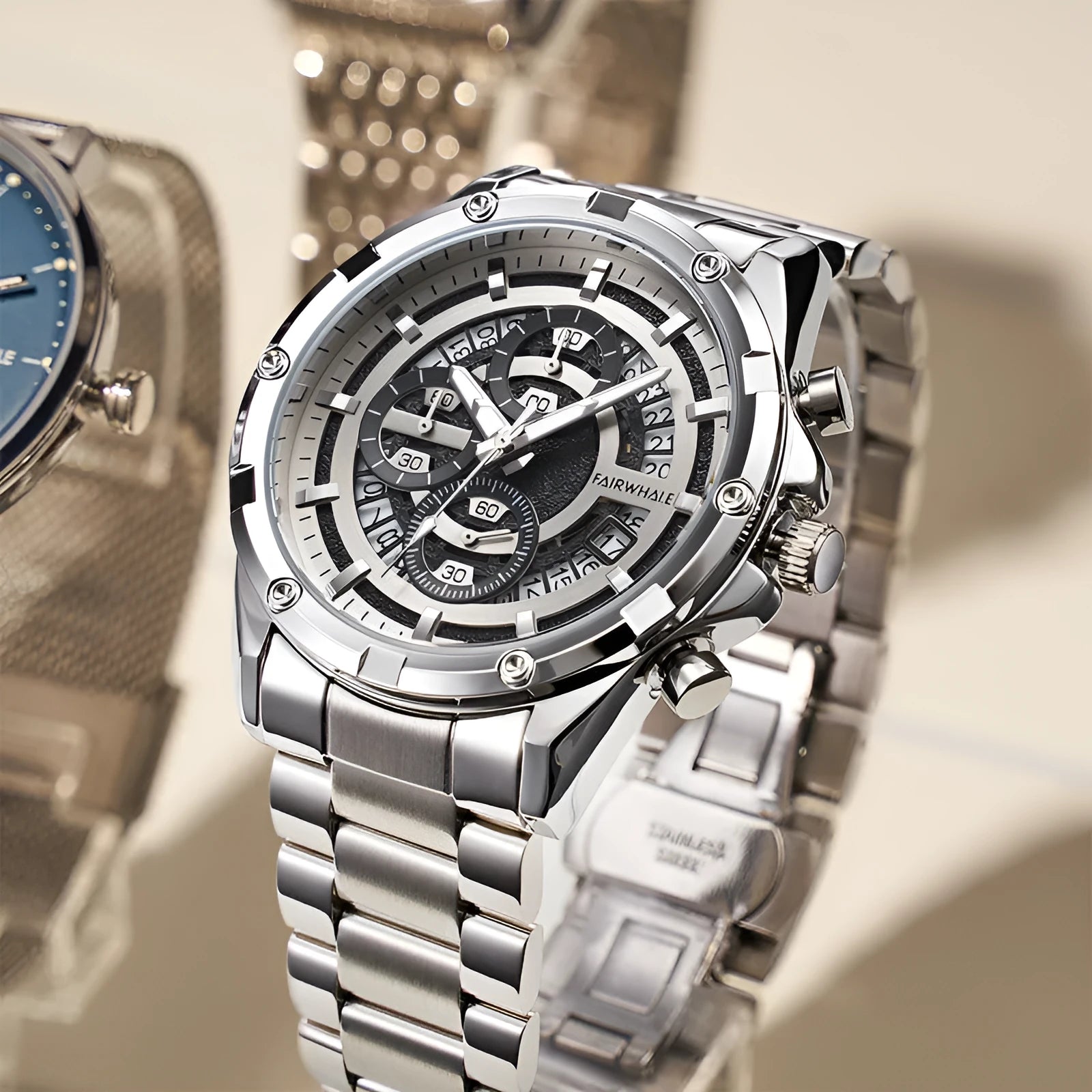 Men's waterproof luminous quartz watch with steel belt in black and blue, black and gold, or silver and white colour options