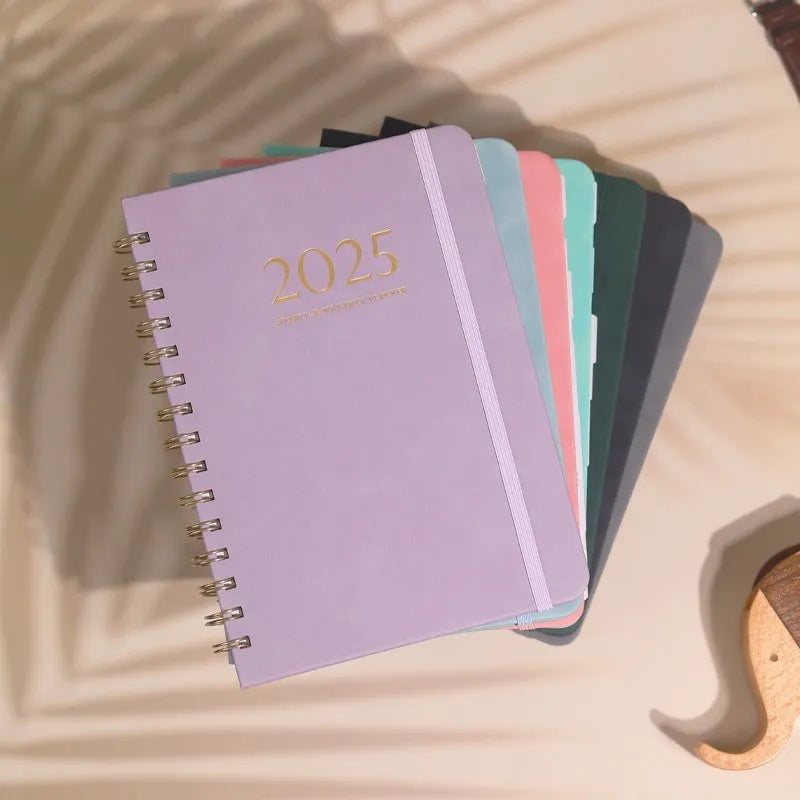 A5 size PU leather notebook with metal coil binding in various colours for 2024 and 2025.