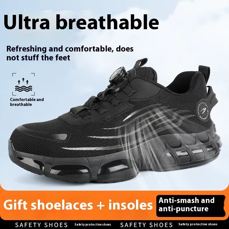 Anti-smash anti-puncture TPU Flyknit mesh work shoes in black and grey, Knob series safety footwear