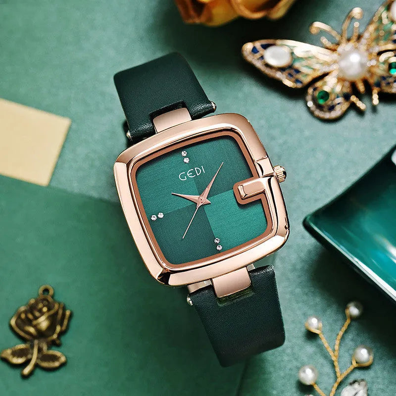 Women's quartz watch with leather strap in coffee colour showing 36mm dial and hardened glass