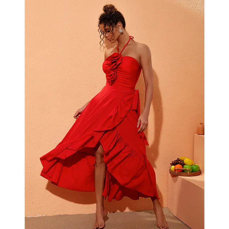 Red women's V-neck swimsuit with detachable floral skirt and open back halter design