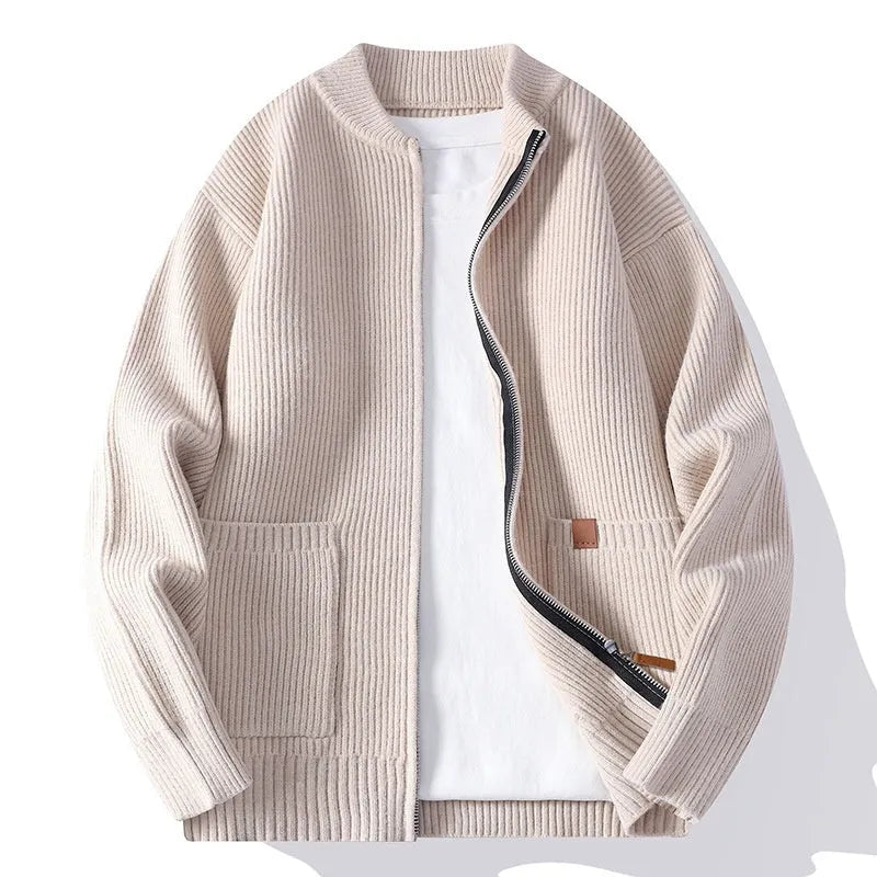 Men's striped cardigan jacket in polyvinyl alcohol fiber blend available in five colours with straight cut silhouette