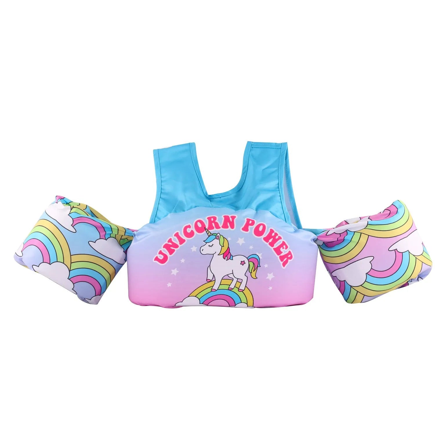 Colourful cartoon children's swimsuit with integrated arm swimming rings in a lobster design.