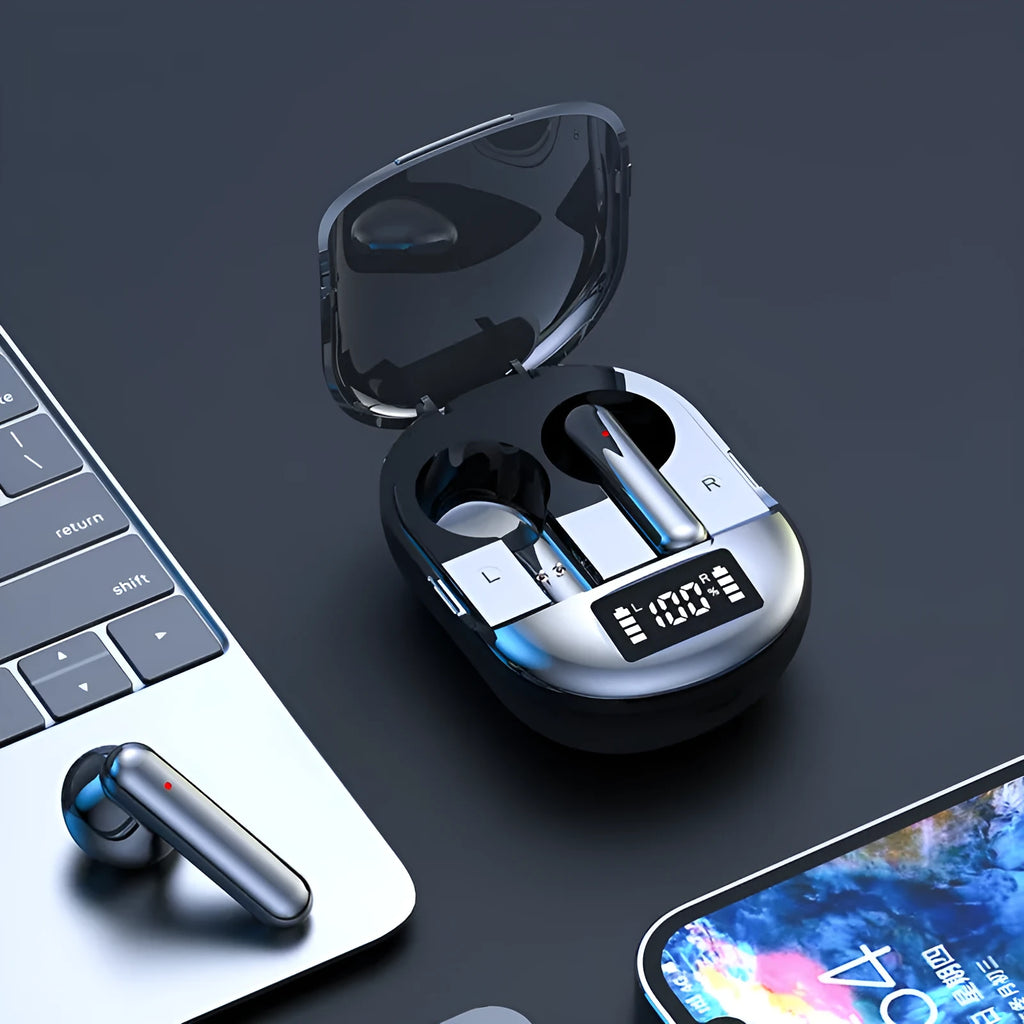 Black and white wireless Bluetooth earbuds with digital display screen showing battery status