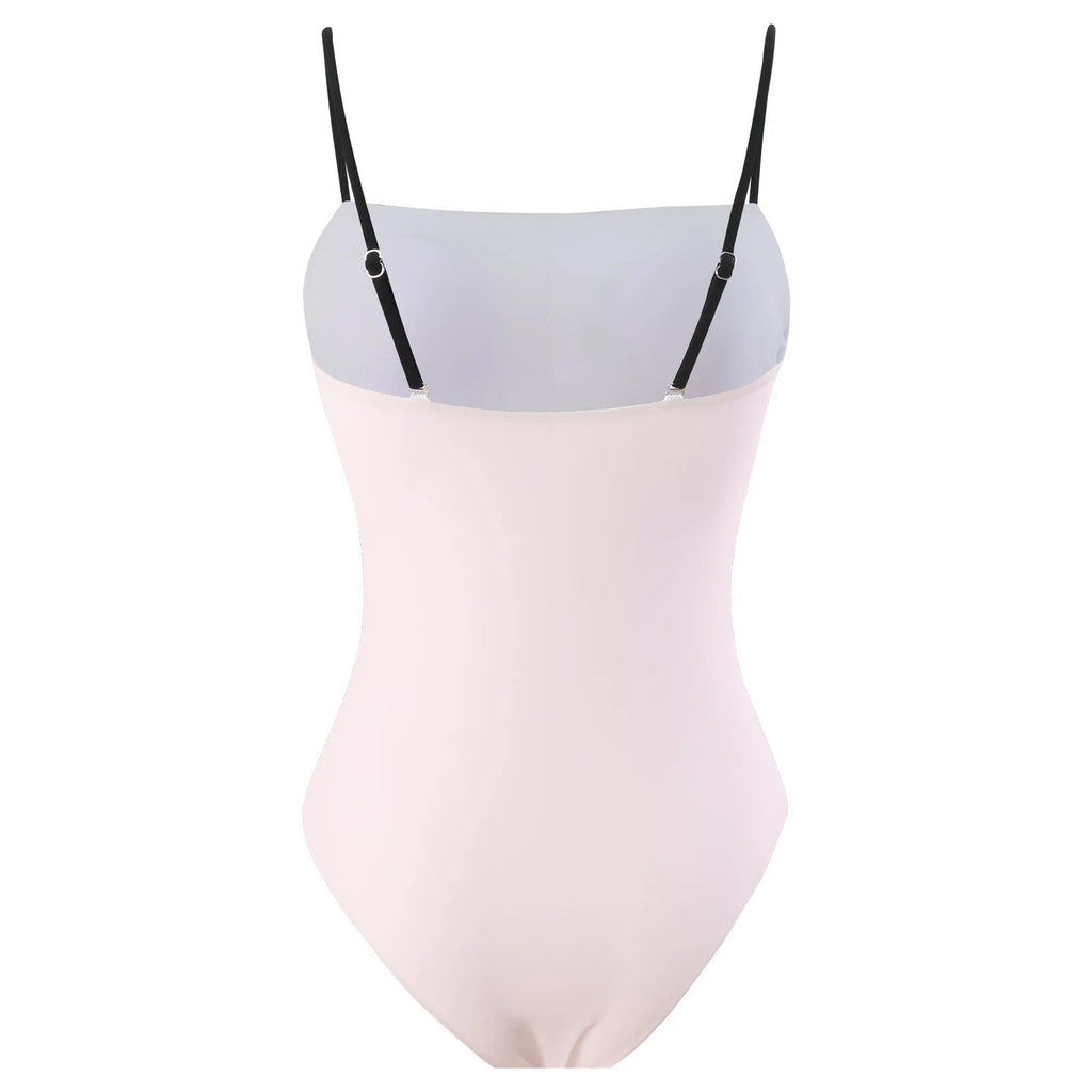 Women's patterned polyester swimsuit with attached tulle skirt in one-piece bikini design