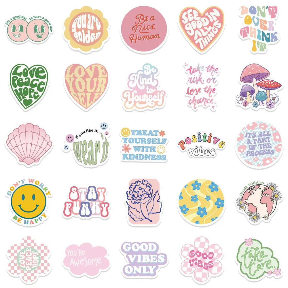 Self-adhesive motivational statement stickers in Danish pink graffiti colour with cartoon patterns, 4-6cm, pack of 50.
