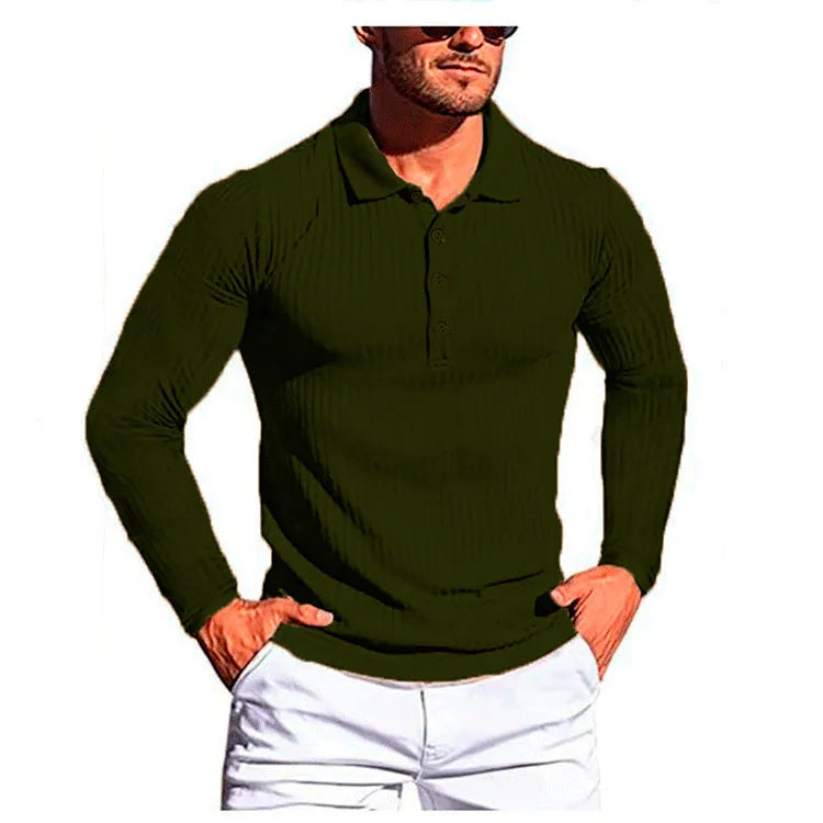 Man wearing a striped short-sleeve t-shirt in army green, showcasing the loose casual fit.