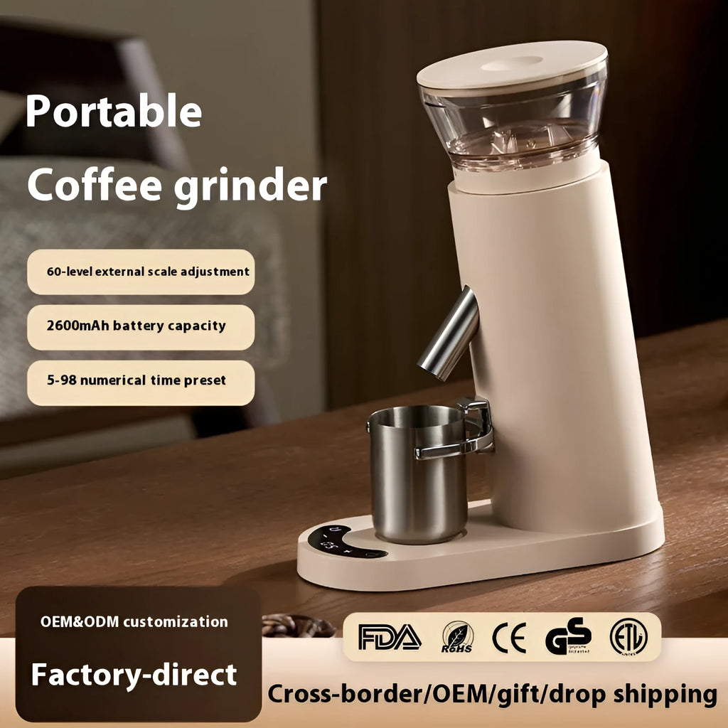 Portable electric coffee grinder with stainless steel body in beige or black colour options