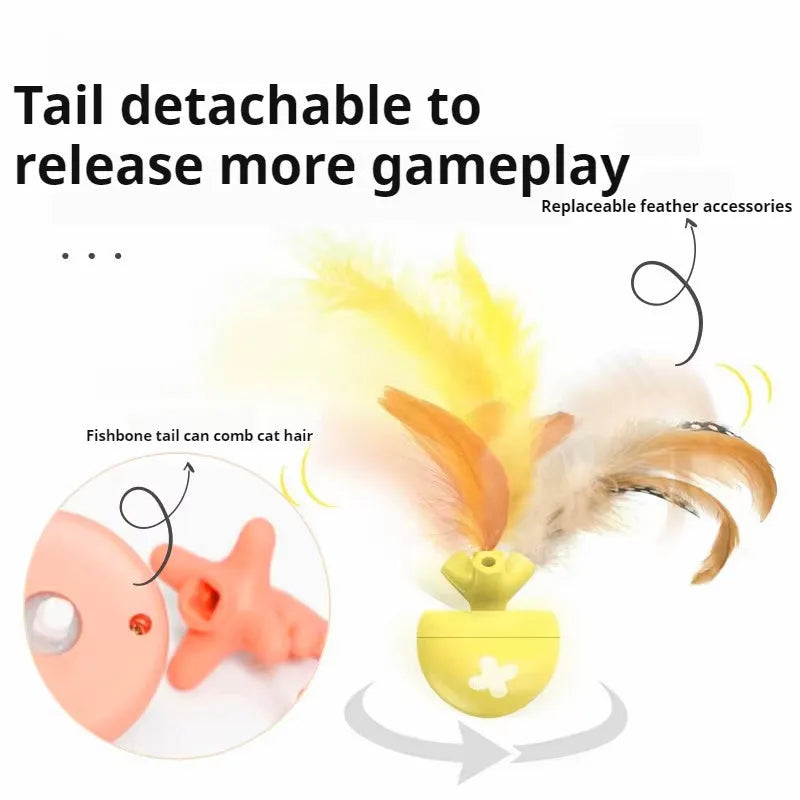 USB electric cat teasing ball toy with rolling fish bone design in blue, pink, and yellow colours