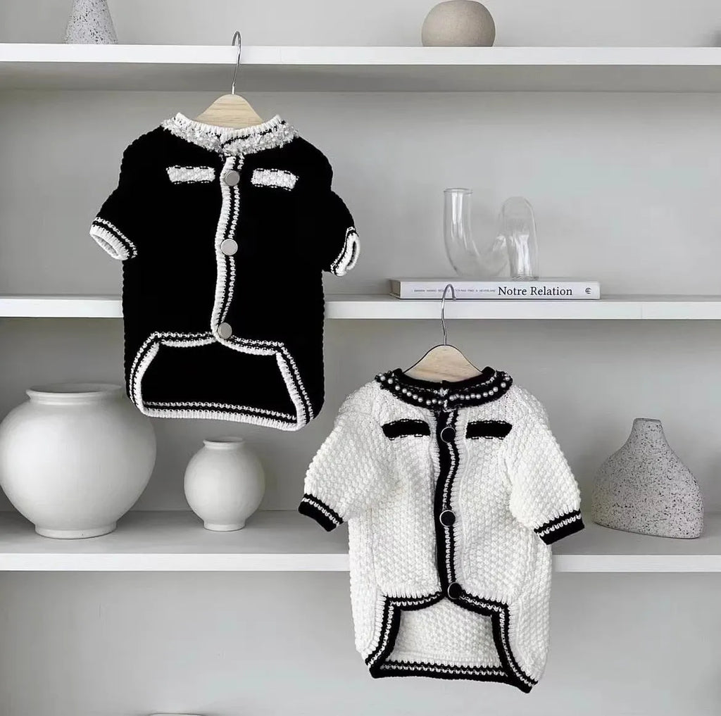 Korean style pearl collar dog sweater in black and white colours for small dogs