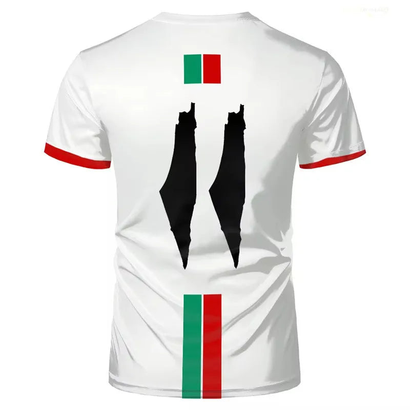 3D printed football T-shirt with stereoscopic pattern design in spandex fabric, available in black or white colour options