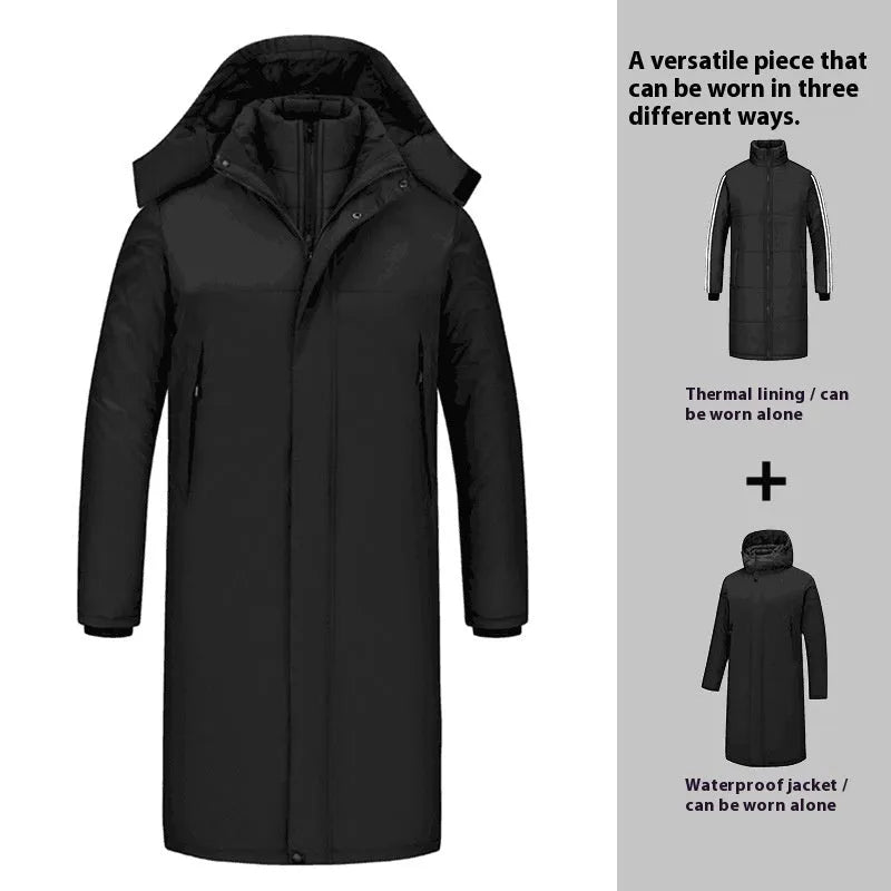 Men's long windproof waterproof cotton shell jacket in black, polyester fibre, sizes S to 5XL