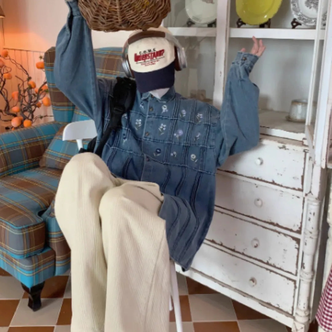 Vintage washed denim shirt with small floral pleats in washed blue colour