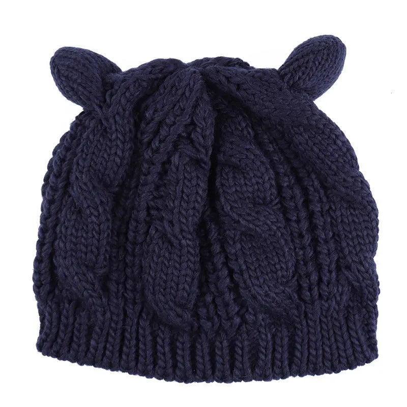 Hand made knitted cat ear beanie in winter colours with 3D design