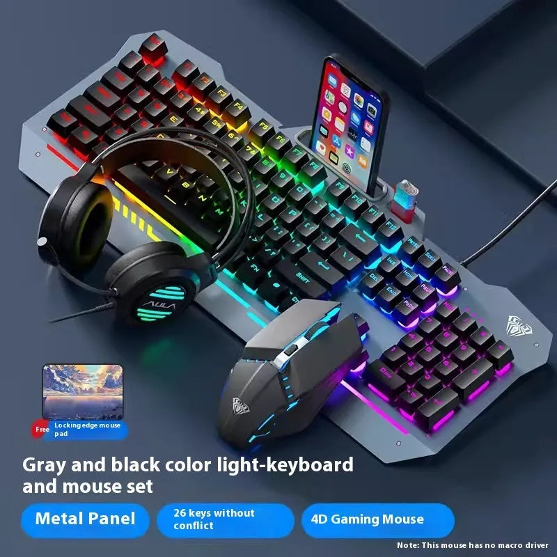 Black and white wired mechanical-feeling keyboard mouse headset bundles with RGB or blue backlighting