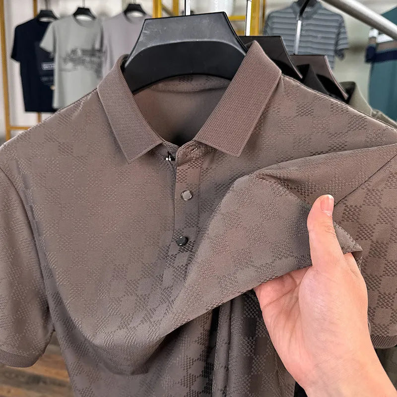 Rhombus patterned thin ice silk short sleeve T-shirt for men in black, shown flat.