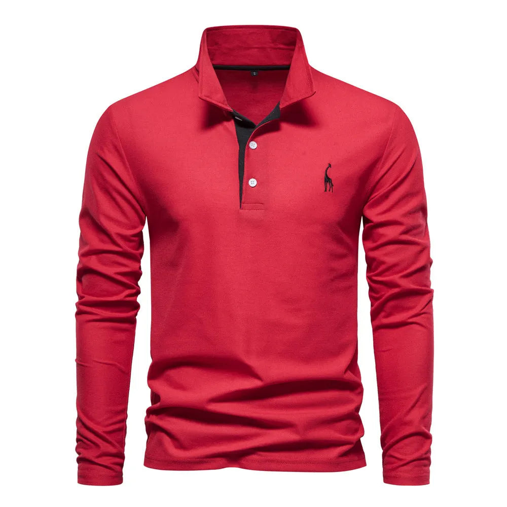 Men's casual polo long sleeve top with deer embroidery, cotton blend, available in multiple colours