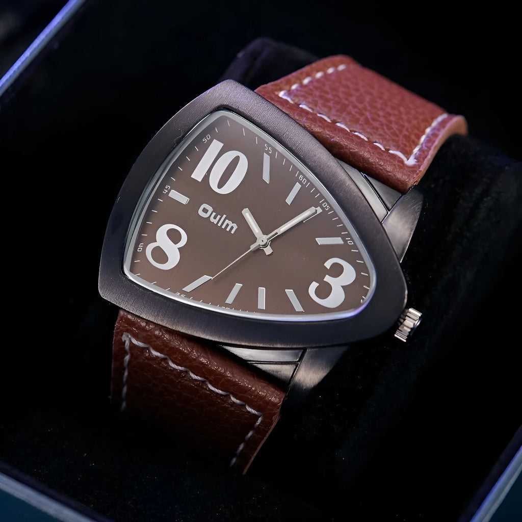 Men's brown, black and blue casual triangle belt quartz watch with 9mm thickness