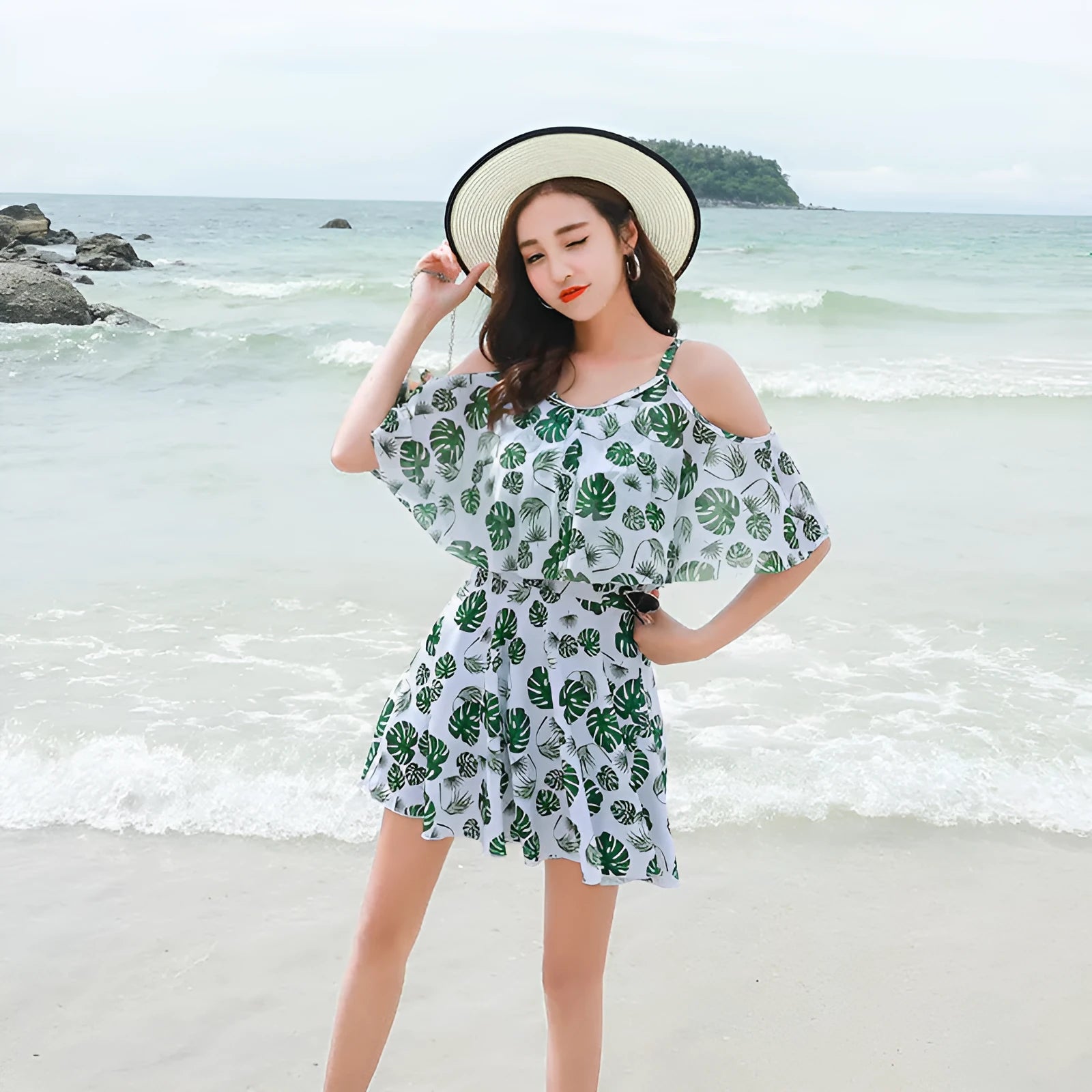 Women's printed one-piece swimsuit in polyester with green leaf or black letter style options