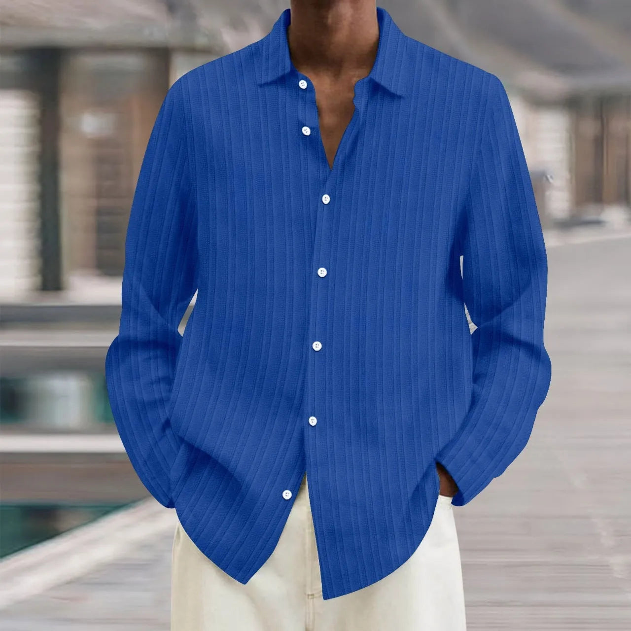 British style loose fit men's cardigan with long sleeves and a striped 3D pattern.