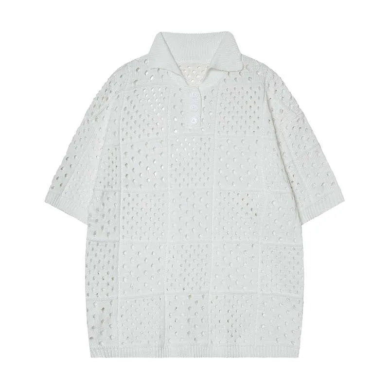 Solid colour short-sleeved knitting polo shirt in loose cardigan style for teenagers