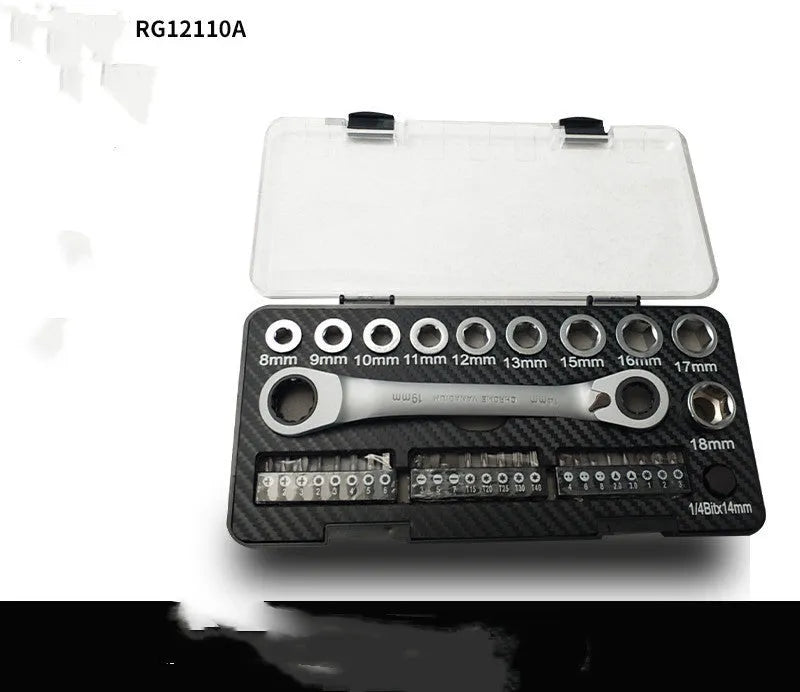 Dual-purpose ratchet wrench set with sockets and batch heads on grey background