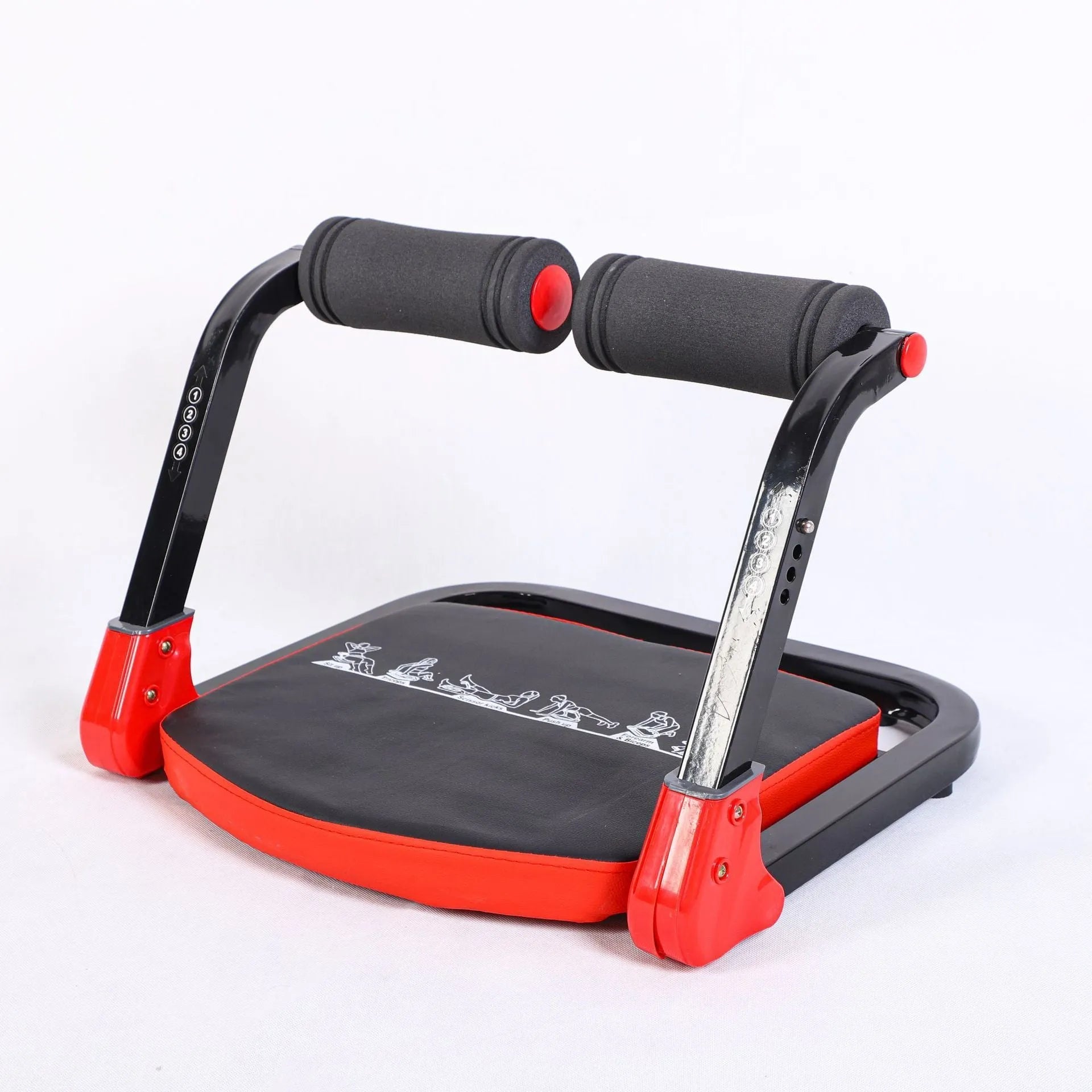 Sky blue and red mini multifunctional abdominal exercise device for home, office, and outdoor core workouts.