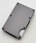 Aluminium alloy grey carbon fibre RFID blocking card holder wallet showing front opening.