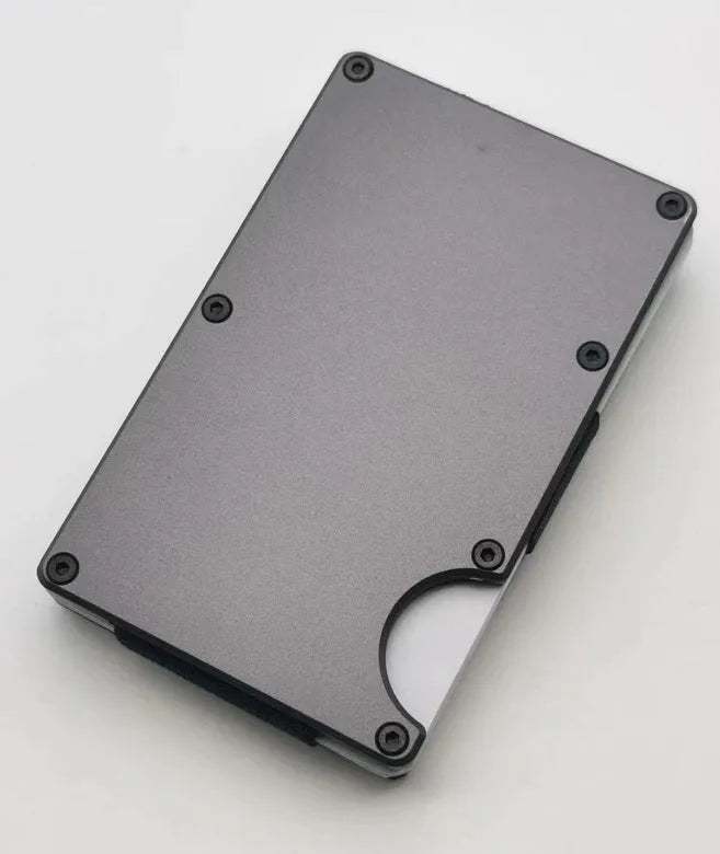 Aluminium alloy grey carbon fibre RFID blocking card holder wallet showing front opening.