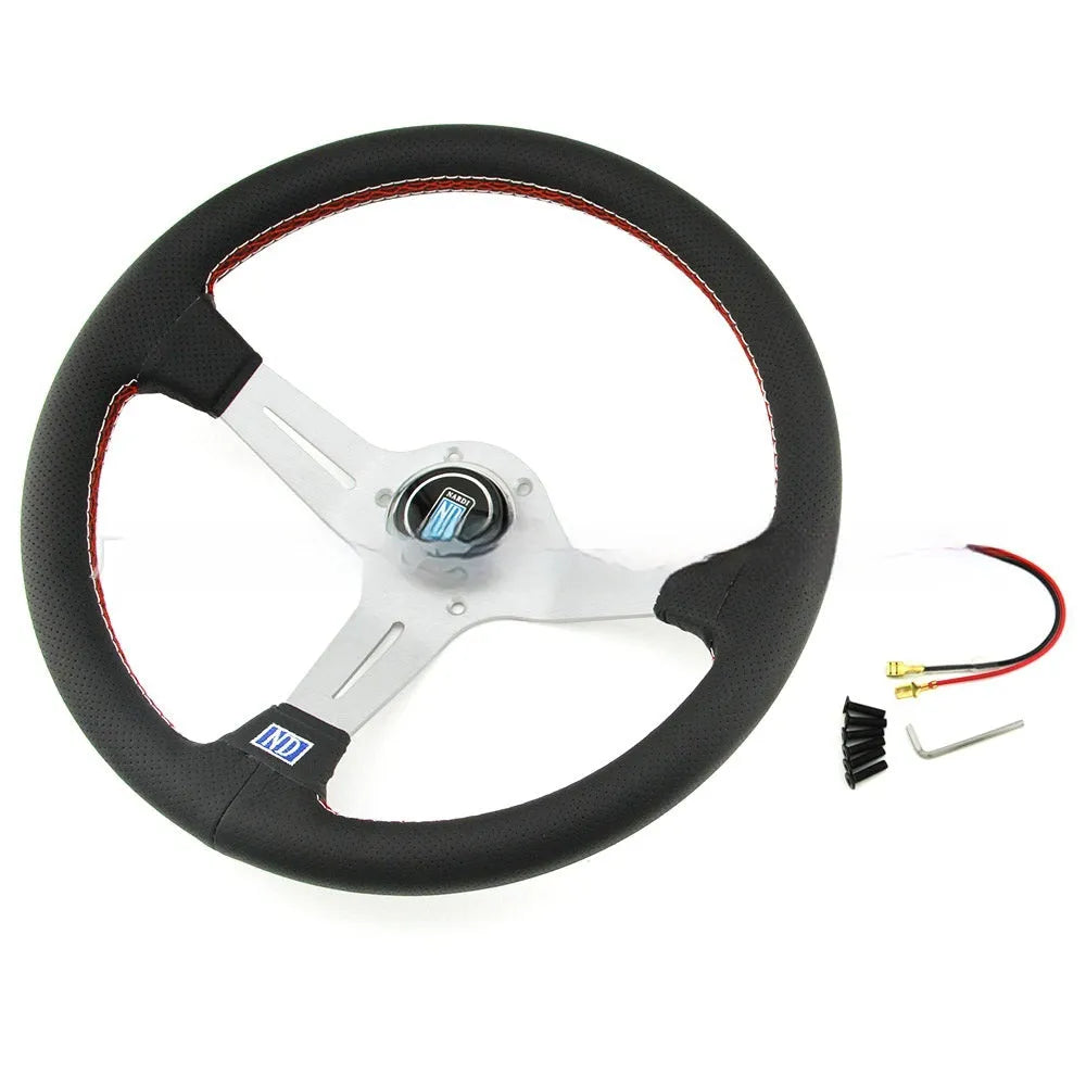Leather 14-inch car steering wheel with a middle concave design, showing black and silver skeleton frame options.